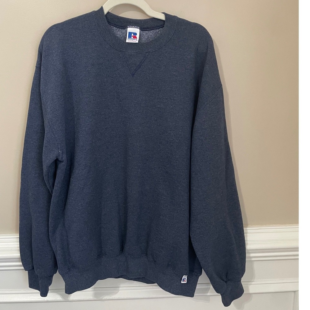 Vintage Russell Athletic Blank Crewneck Sweatshirt Navy Blue Heather Size L